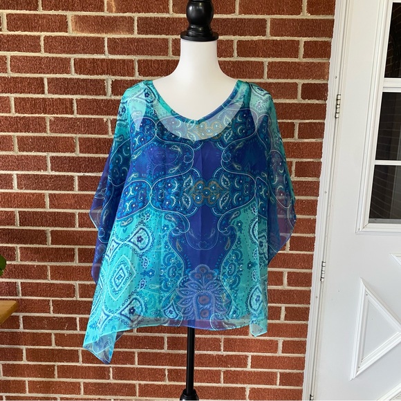 Boston Proper Tunic Chiffon Overlay Purple Teal Gold Women's Size Large - Picture 1 of 12